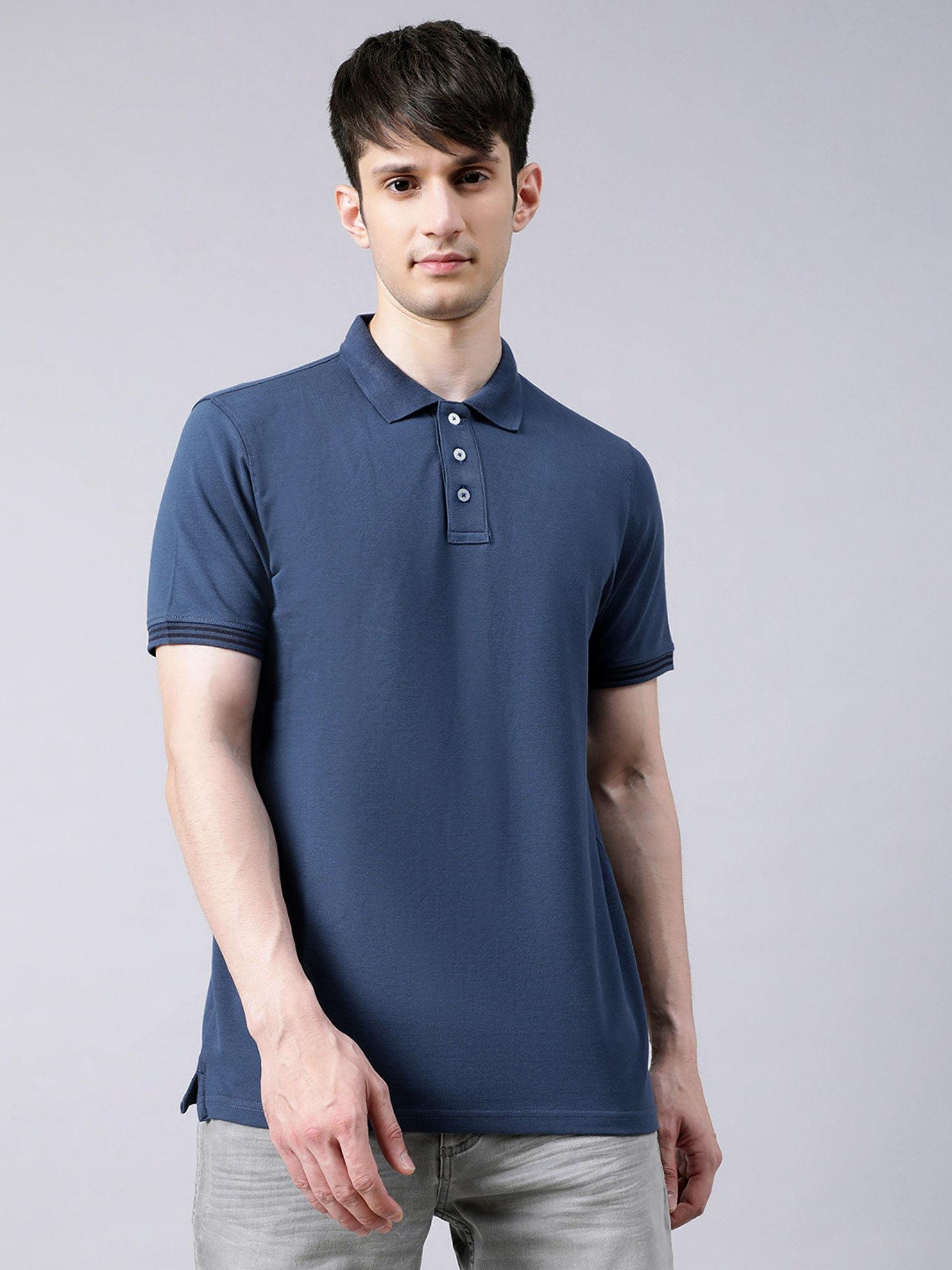 dust blue solid polo collar t-shirt
