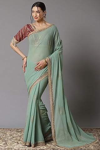 dust firozi green embroidered saree set