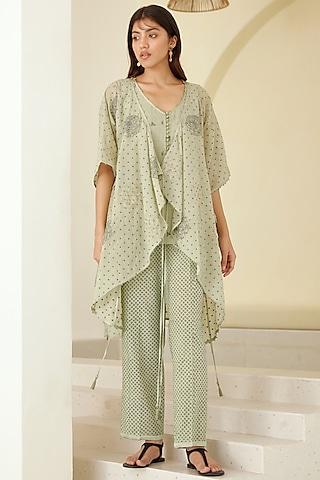 dust green chanderi & modal hand block printed kimono set