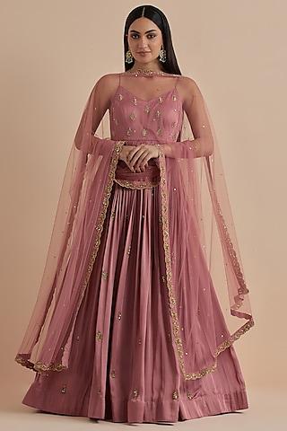 dust pink bombark satin hand embroidered gown with dupatta
