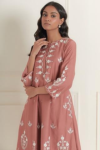 dust pink chanderi silk embroidered kurta set