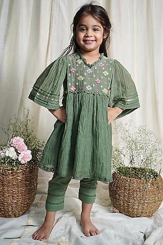 dusty green embroidered kurta set for girls