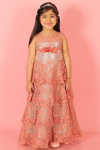 dusty pink lace floral printed layered gown for girls