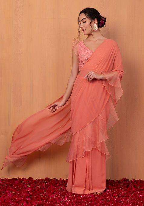 dusty pink ruffled pre-stitched saree (without blouse)
