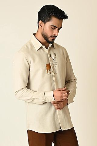 dusty beige pure linen thread embroidered shirt