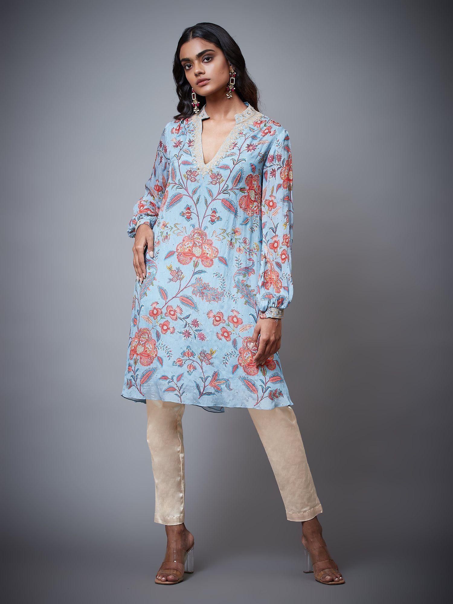 dusty blue & multi color chintz floral kurti