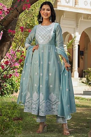 dusty blue embroidered anarkali set