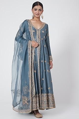 dusty blue embroidered jacket kurta set