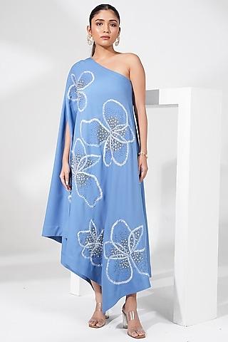 dusty blue poly crepe floral embroidered asymmetrical one-shoulder dress