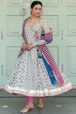 dusty blue printed anarkali set