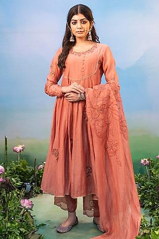 dusty brown cotton silk embroidered anarkali set