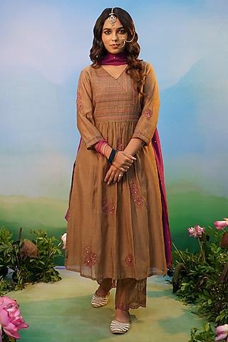 dusty brown cotton silk thread embroidered anarkali set