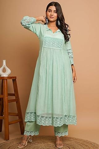 dusty green chanderi silk lace embroidered kurta set