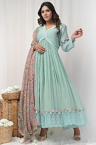 dusty green embroidered anarkali set