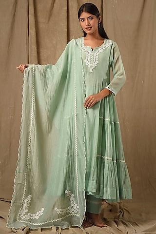 dusty green fine chanderi silk embroidered anarkali set