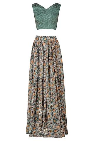 dusty green jaal embroidered crop top and floral lehenga set