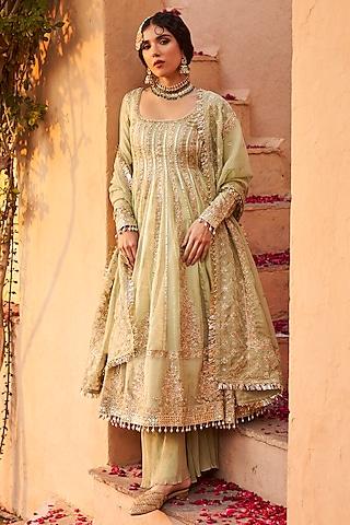 dusty green organza zari embroidered anarkali set