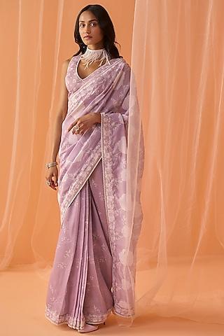 dusty lilac chanderi floral printed prestitched saree set