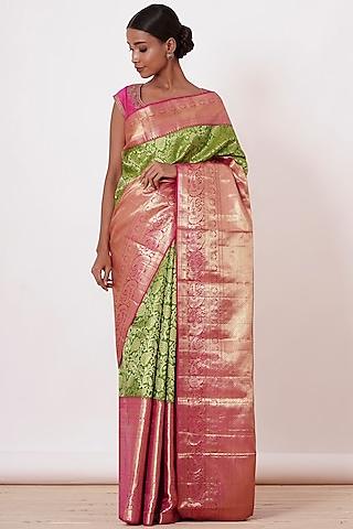 dusty lime embroidered handwoven saree set