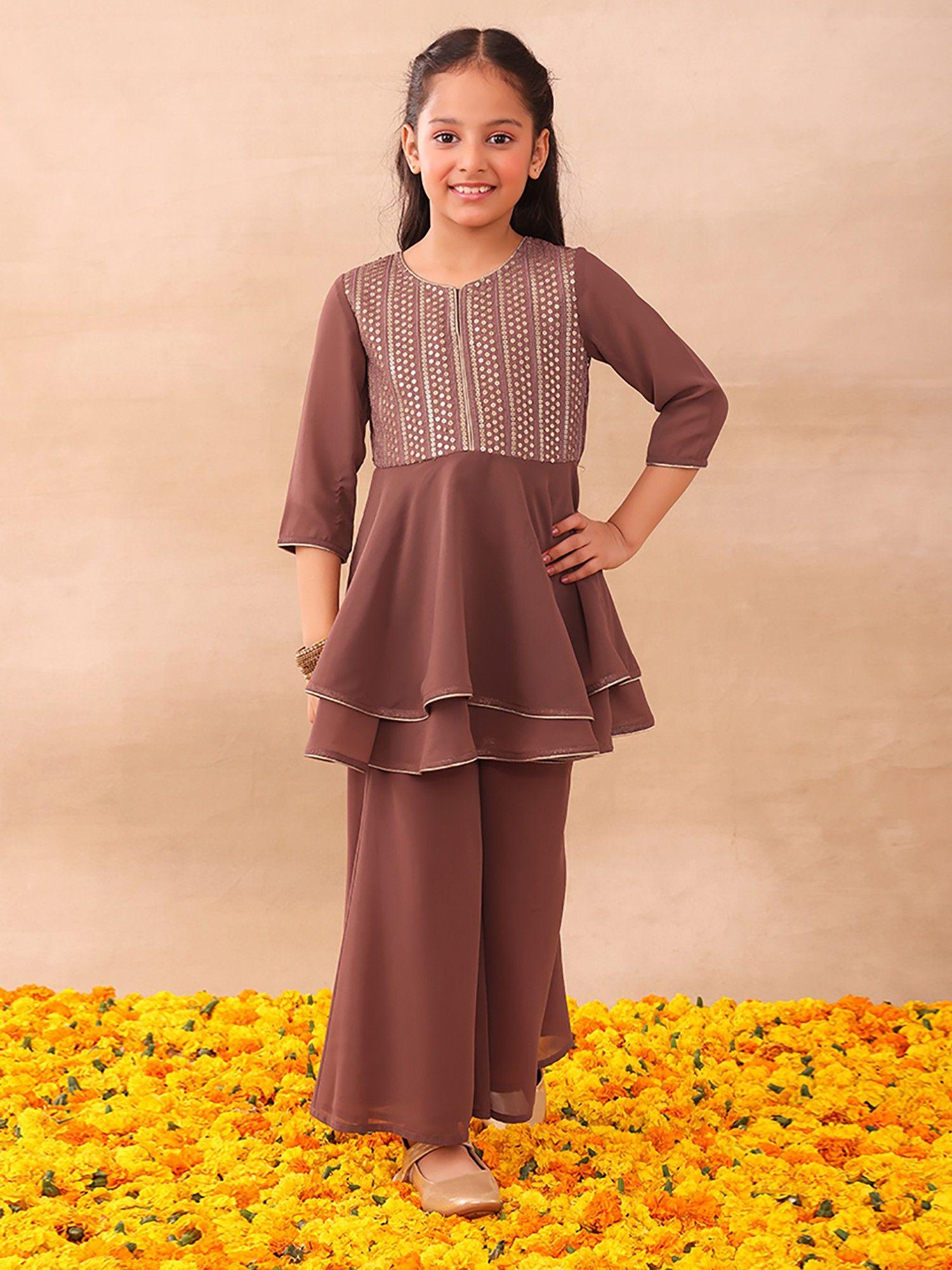 dusty mauve flared sharara & short kurta (set of 2)