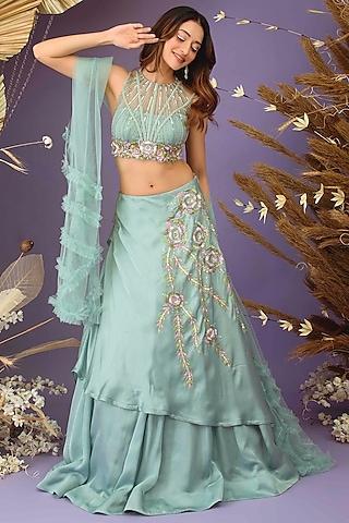 dusty mint green satin organza hand embroidered draped lehenga set