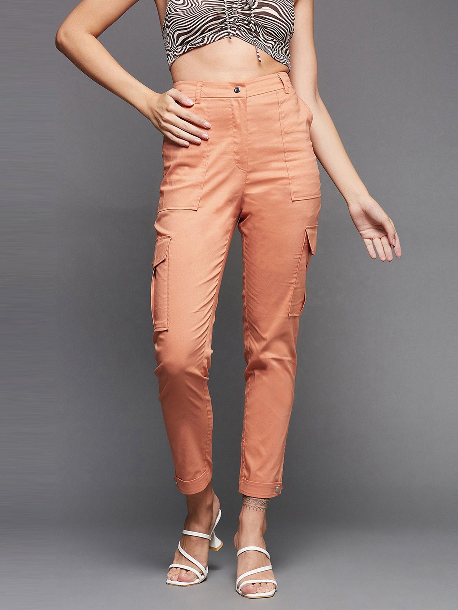 dusty orange solid polyester high waist regular length trouser