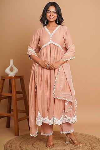 dusty peach chanderi silk lace embroidered anarkali set