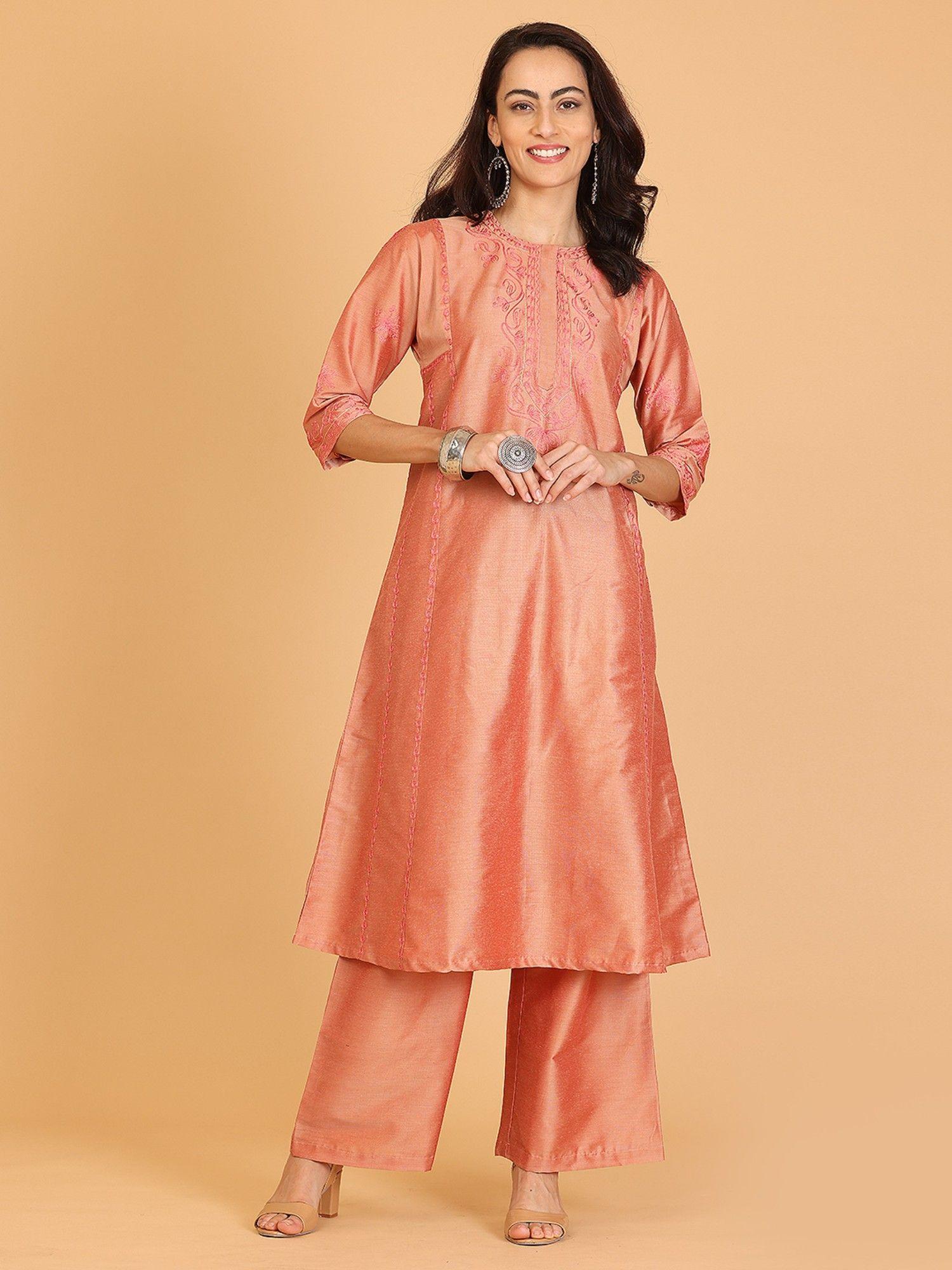 dusty peach embroidered cotton silk flayred kurta and palazzo (set of 2)