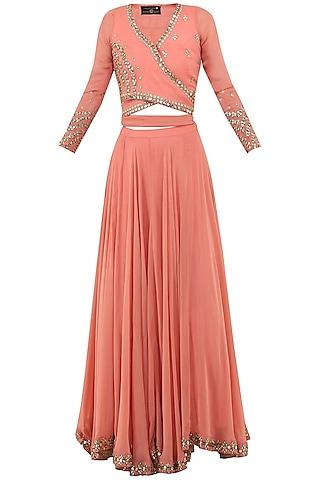 dusty peach embroidered wrap crop top with lehenga skirt set