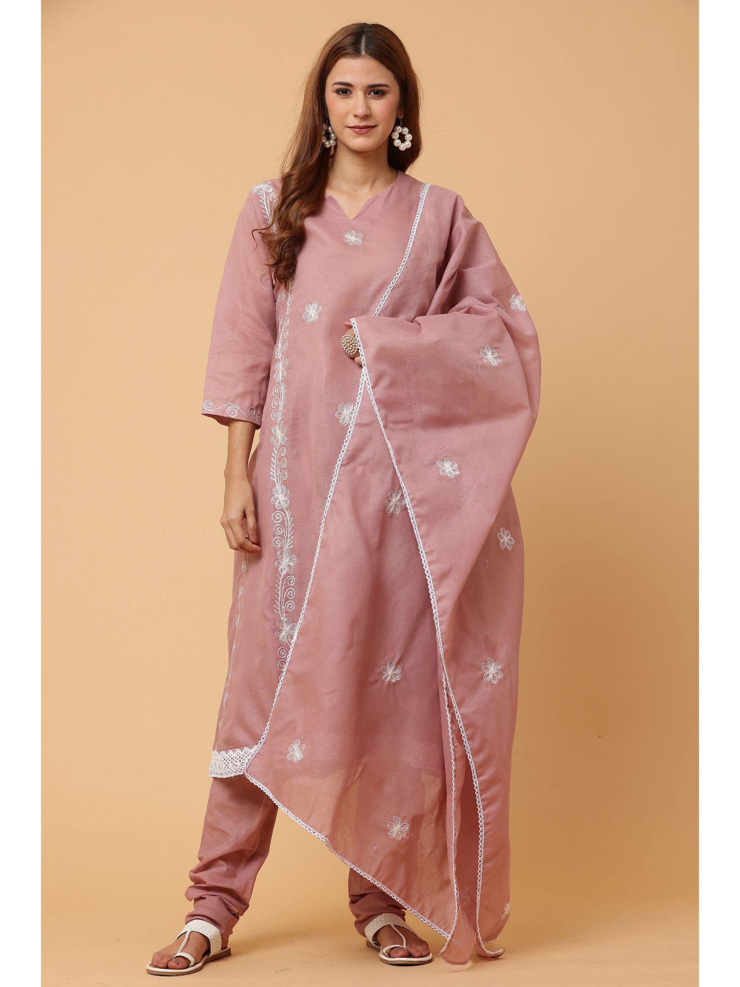 dusty peach kalidar emb kurta chudidar with dupatta (set of 3)