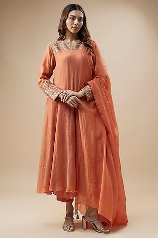 dusty peach pure cotton silk mukaish hand embroidered anarkali set