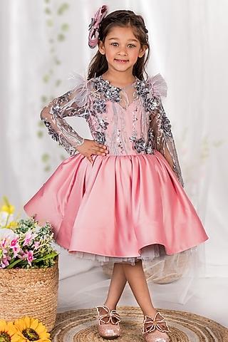 dusty pink & grey imported satin 3d sequins floral embellished dress for girls