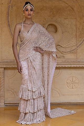 dusty pink & rose gold net hand embroidered saree set