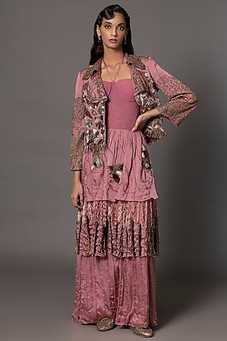 dusty pink bemberg satin & stretch net embroidered gown with jacket