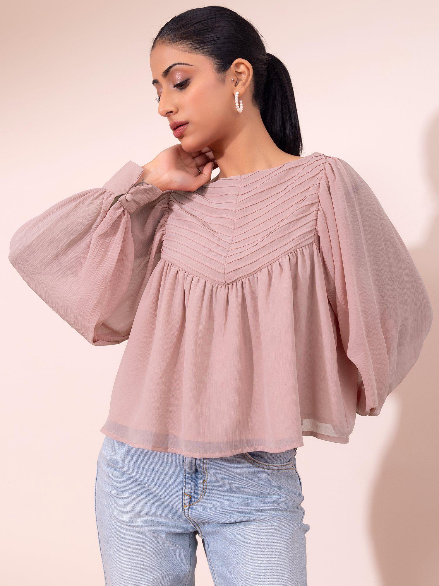 dusty pink boat neck full sleeve flared blouse