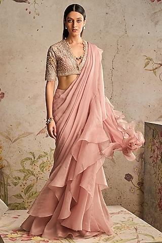 dusty pink chiffon & organza draped saree set