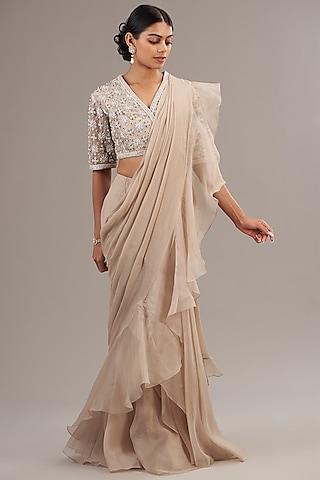 dusty pink chiffon & organza pre-draped ruffled saree set