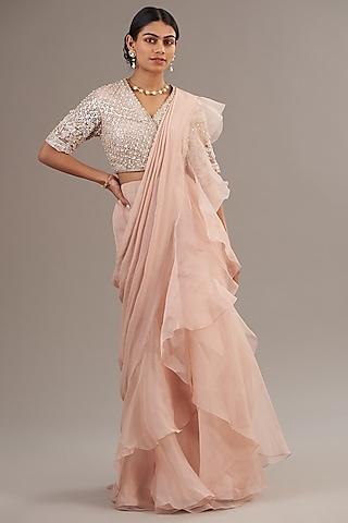 dusty pink chiffon & organza pre-draped ruffled saree set