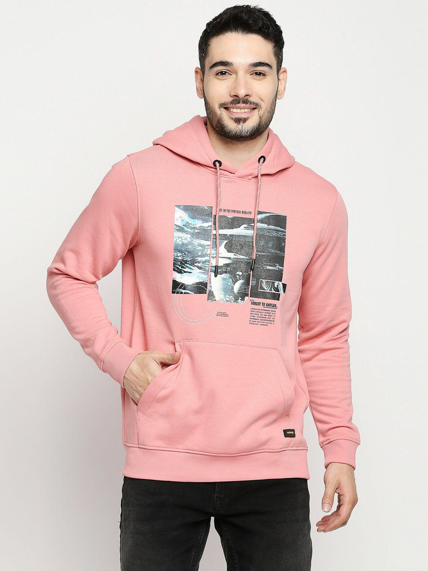 dusty pink cotton full sleeve hooded sweatshirt for men
