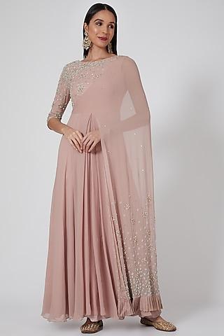 dusty pink embellished anarkali with attached dupatta