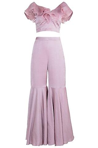 dusty pink embroidered crop top with flared pants