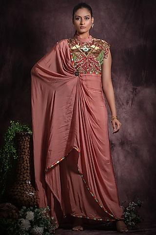 dusty pink flat chiffon embroidered saree dress