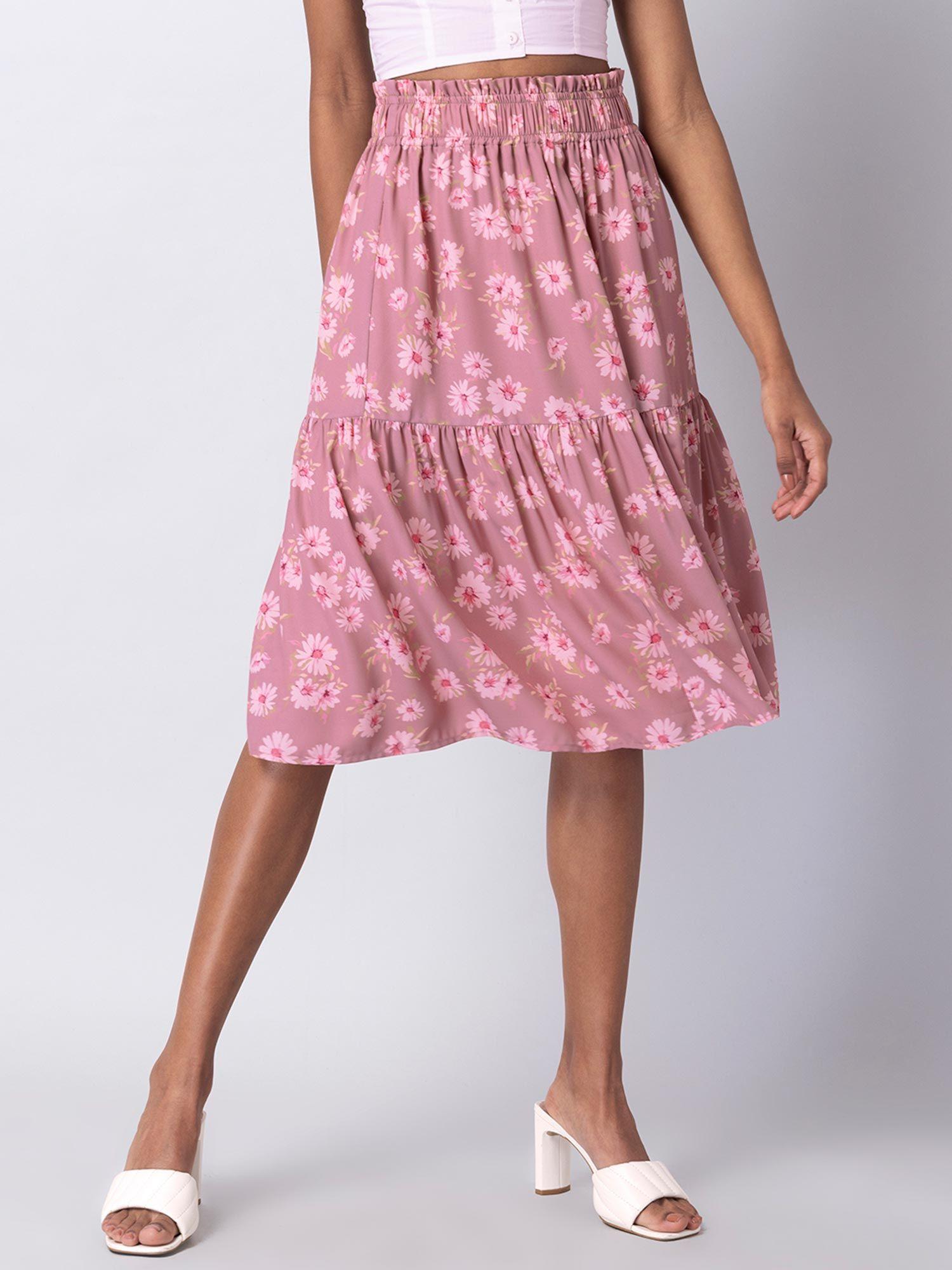 dusty pink floral knee length skirt