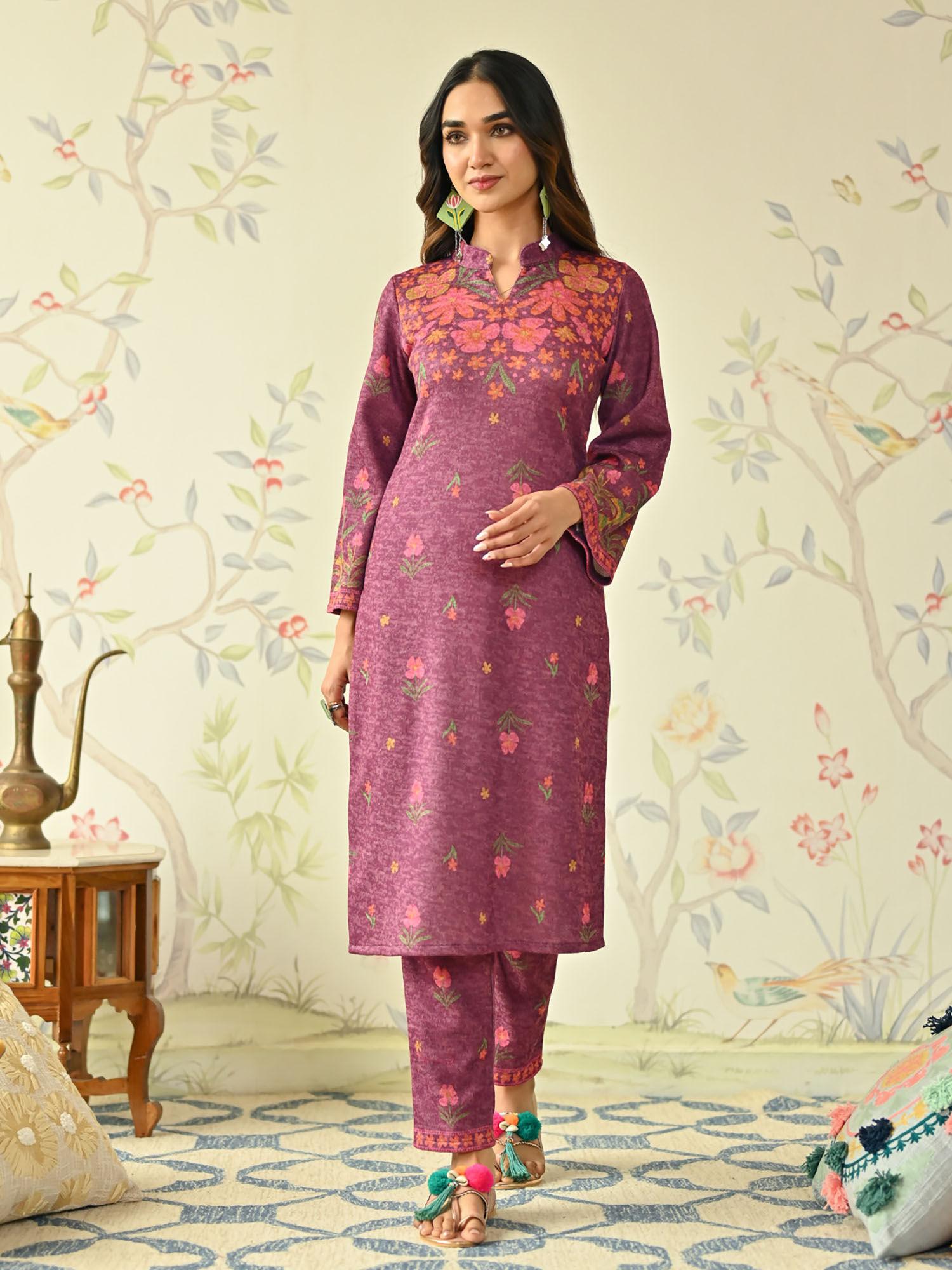 dusty pink floral woollen kurta with full sleeves