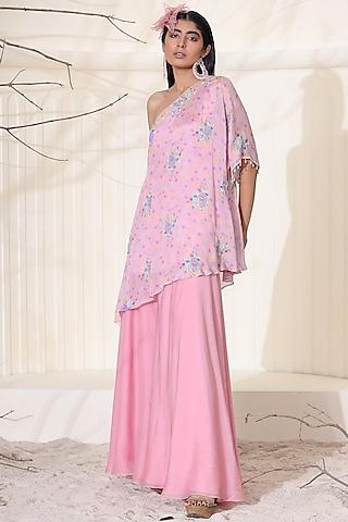 dusty pink hand embroidered one-shoulder kaftan set