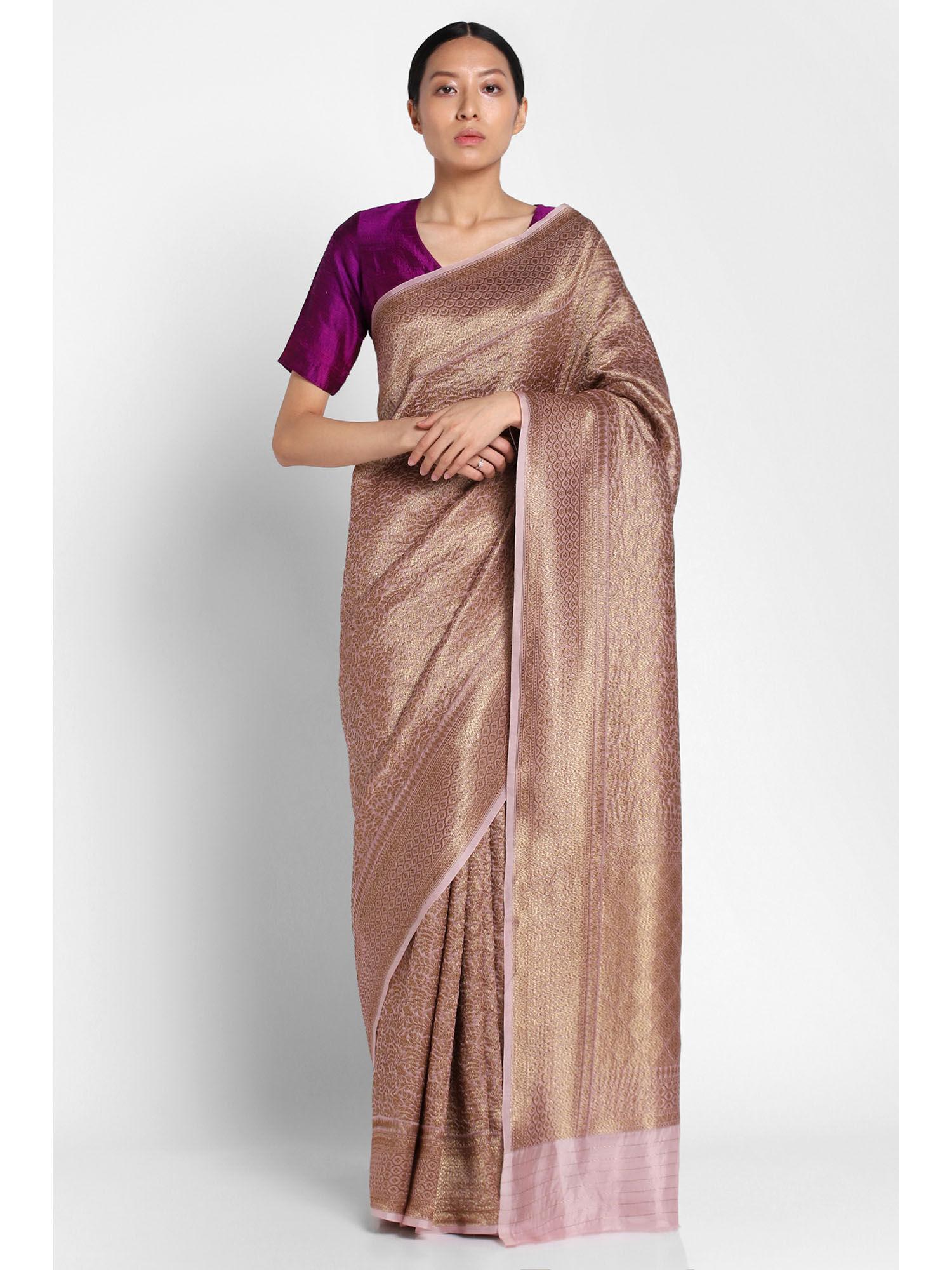 dusty pink kora banarasi chandrima saree with unstitched blouse