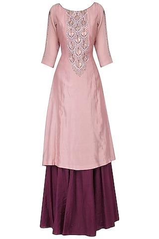 dusty pink kurta with wine skirt set