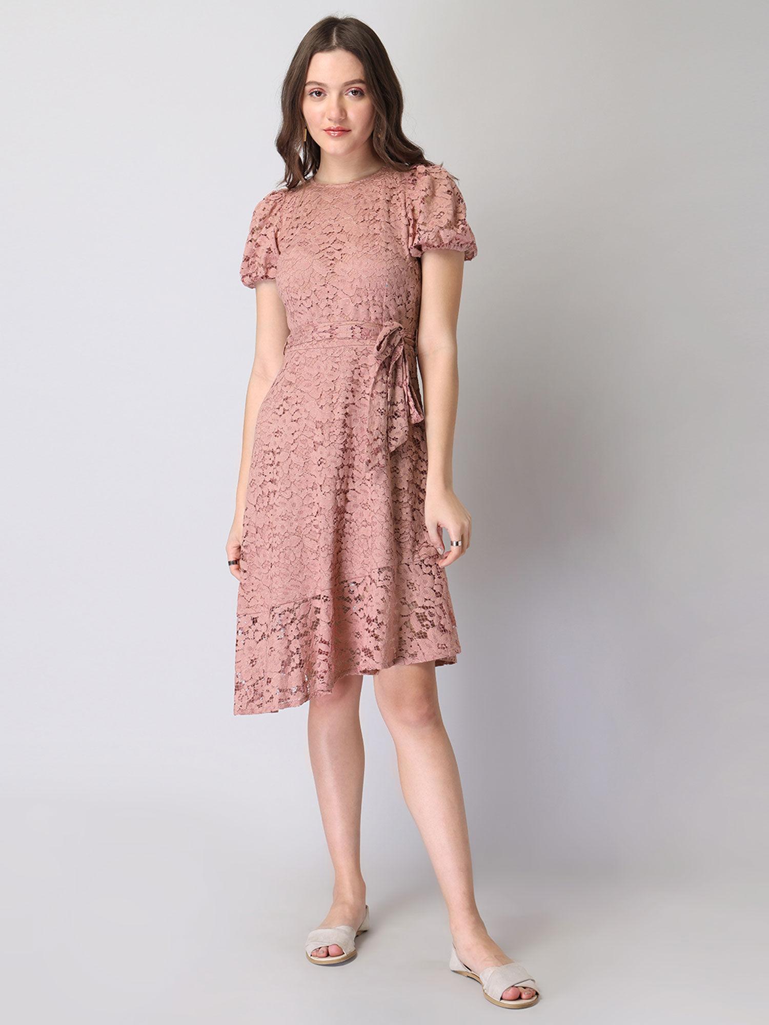 dusty pink lace asymmetric hem belted dress