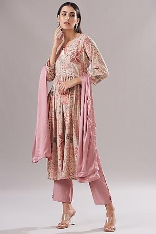 dusty pink muslin printed & embroidered anarkali set