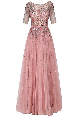 dusty pink net hand embroidered layered gown for girls